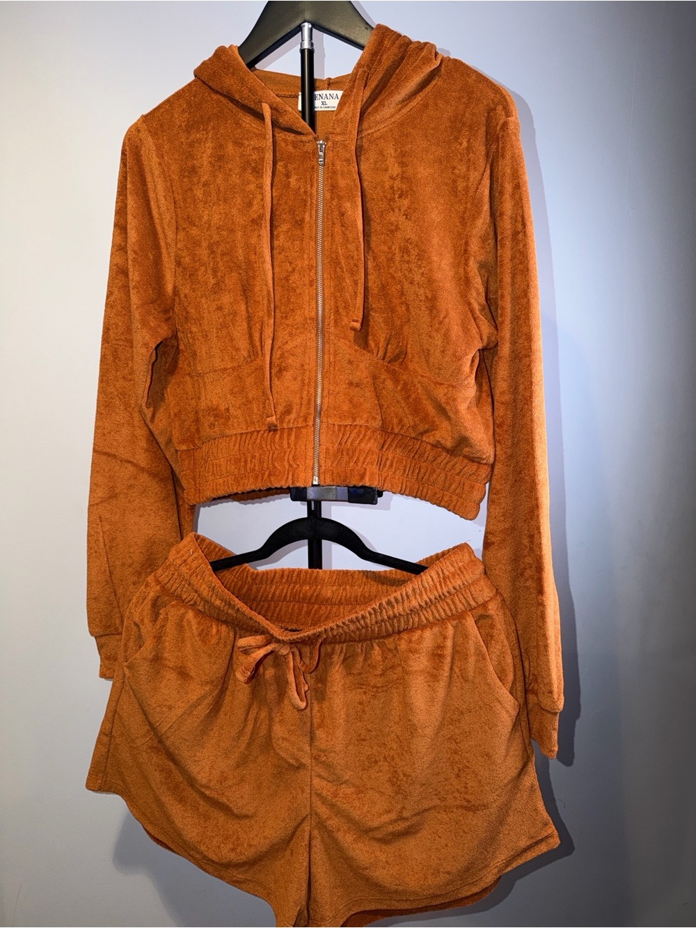 Zenana Loop Terry Cropped Hoodie Short Set Copper Orange Size XL NEW